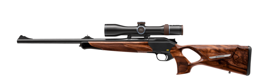 The R8 Success with optional grade 7 wood, scope Blaser 2.8–20x50 iC and mount
